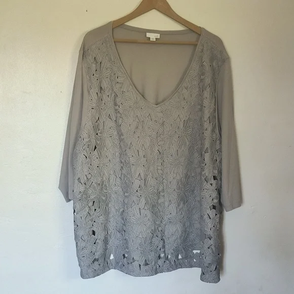 J.Jill Gray Crochet Lace Overlay 3/4 Sleeve Blouse Sz 4XL Women - Picture 10 of 10
